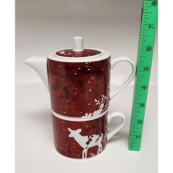Rosanna Deer & Birds Red Porcelain Stacking Teapot & Teacup for One - Picture 11 of 12